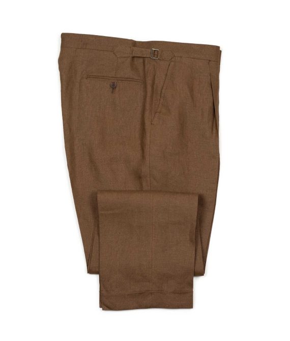 x Sartoria Carrara: pleated trousers in Drapers tobacco brown linen (separates)