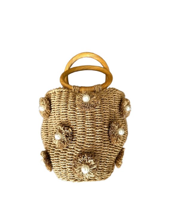 Straw Small Tote W/Pearl Flower